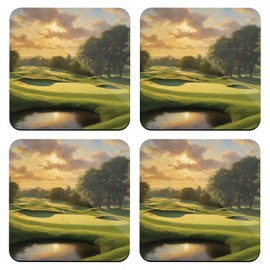 Golf Art Coaster Set, 4 x 9cm Glossy Wood Coffee Mat Golfer Gift