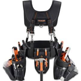 WELKINLAND 39Pockets Tool Belts for Men with Suspenders, 4" Padded Toolbelt, Tool Belt with Suspenders, Black W/Orange, One Size (38"-48")