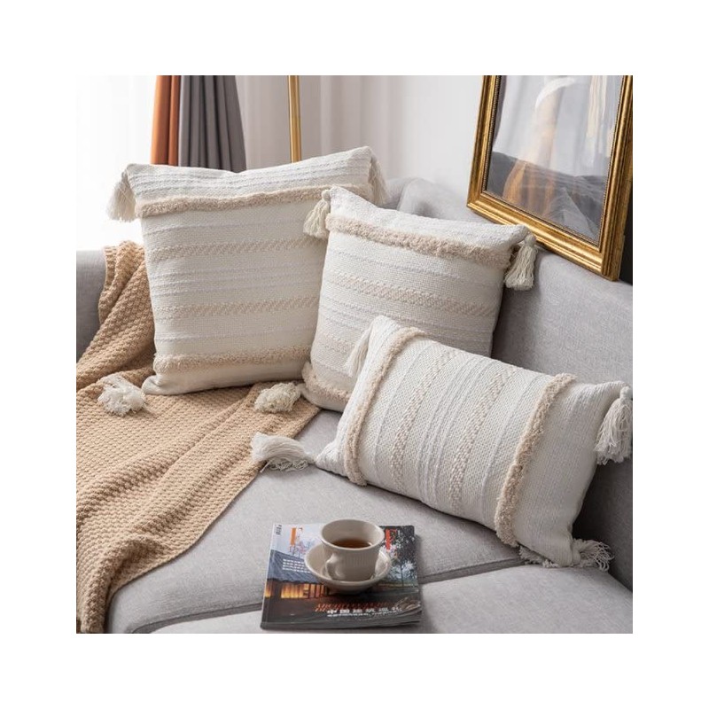 SOFJAGETQ Boho Decorative Throw Pillow Covers - Cotton Hand-Woven Tufted