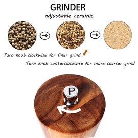 Salt and Pepper Grinders Set, 8 inch Acacia Wooden Salt and Pepper Mills Shakers Kit Ceramic Rotor with Strong Adjustable Coarseness