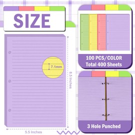 400 hojas de papel de hojas sueltas de rayas anchas de color 5.5 x 8.5 pulgadas, media letra, 3 anillos, papel de relleno de cuaderno con rayas universitarias, 3 agujeros perforados para la escuela y