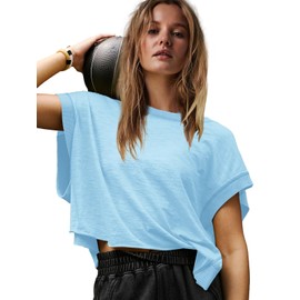 Panadila Womens Oversized Tshirts Open Back Workout Top Athletic Shirts Short Sleeve Crop Tops Gym Yoga Tee (Oxygen Blue,S)