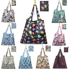 ATAMET 9 Pcs Reusable Grocery Bags, Foldable Shopping Bags, 50LBS Heavy Duty Durable Envirosax Bags, Machine Washable Waterproof Ripstop Tote Bags (Elegant Retro)