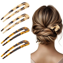 4 Pcs French Hair Forks Tortoise Shell U Shape Hair Pin French Hair Pin 4.5 Inch Cellulose Acetate 2 Prong Bun Hair Sticks Vintage Styling Hair Accessories for Women