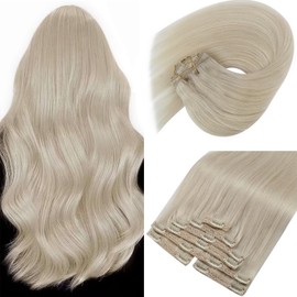 Sunny Clip in Hair Extensions Blonde Clip in Hair Extensions Real Human Hair Platinum Blonde Human Hair Extensions Clip ins Blonde Hair Extensions Straight Hair Clip in Extensions Blonde 7pcs 120g 16”