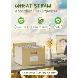 EcoStash Accordion File Organiser, 12 Pockets Wheat Straw Expanding File Folders, Monthly Filling Document Organiser, BPA Free, Return to Nature, Healthy Living, A4/Letter Size - Wheat Yellow