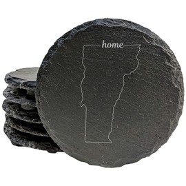 Rustic Slate Coasters Set of 4, Round 4" with Vermont 'Home' Design, Laser Etched, Perfect for Holidays, Birthdays, Housewarming Gifts, Made in Oregon, USA, Natural Chipped Edge, Rubber Feet