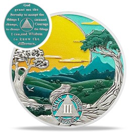 Green Forest 3 Year Sobriety Coin - Recovery Sun Three Year AA Coins - Mountain Tree Road NA AA Chips and Medallions - 1-20 Prime Sobriety Chip Alcoholics Anonymous Gifts for Men Women