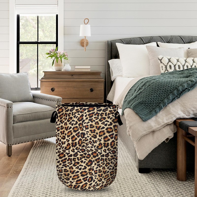 Brown Leopard Laundry Basket with Sturdy Handles, Natural Animal Skin