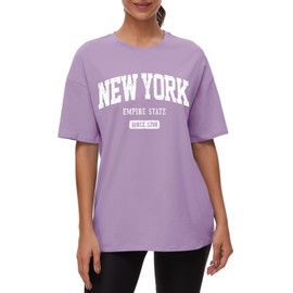 ORANDESIGNE Womens Oversized Cotton T Shirts Graphic Tees Short Sleeve Vintage Tops Casual Summer Clothes 2025 New York Purple Large
