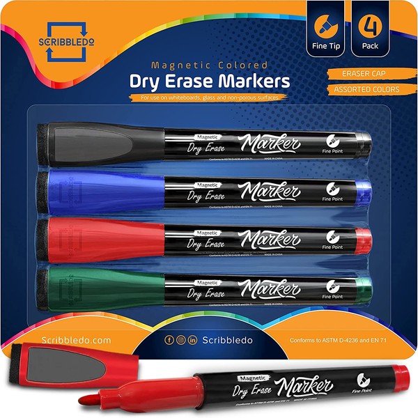 Scribbledo 4 Magnetic Dry Erase Markers Fine Tip Assorted Classic Colors Low Odor Whiteboard Markers with Eraser Cap Thin Skinny White Board Markers for Adults Students Teachers Art Home & School