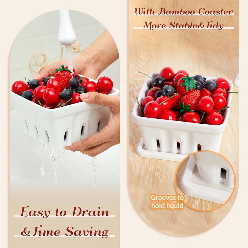 LemonRoad 3 Pcs Ceramic Berry Basket Set with Berry Bowl