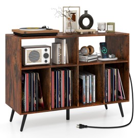 LOKO Large Record Player Stand, Vinyl Record Holder with Built-in Power Outlet, Open Shelves & Compartments, Turntable Display Stand for Living Room, Bedroom, Office (Rustic Brown)