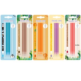 15 Refills, Erasable Pens with Thermo-Sensitive Erasing Ink, Kawaii Various Animal Motifs, Multi-Colour, Temperature Sensitive, 0.7 mm Tip