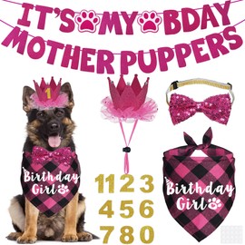 JOTFA Dog Birthday Decorations, Multi Sizes Dog Birthday Bandana Girl Dog Birthday Hat Crown Bow Tie Birthday Numbers It’s My Bday Mother Puppers Sign Banner for Large Extra Large Dogs (Pink, X-Large)