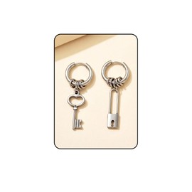 Lock and Key Hoop Earrings – Asymmetrical Punk Dangle Earrings, Silver Tone Stainless Steel Gothic stylish Jewelry Gift 2025 for Women Men (Silver)