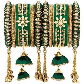 Aheli Wedding Party Designer Velvet Faux Stone Studded Bridal Bangle Set Chuda with Hangings Indian Traditional Ethnic Fashion Jewelry Gift for Women Size 2.8"