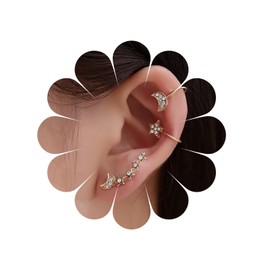 Andelaisi Boho Crystal Star Ear Cuff Earrings Vintage CZ Moon Cuff Clip On Earrings Gold Star Cuff Cartilage Earrings Moon Crescent Climber Crawler Earrings Jewelry for Women