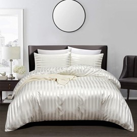 Satin Duvet Cover Sets with Elegant Beautiful Striped Pattern, Italian Style Luxury Silky Soft White Satin Bedding Set Moisture-wicking 3 Piece Double Size Satin Duvet Cover Sheets for All Seasons