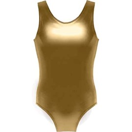 R&N FASHIONS Womens Sleeveless Leotard Metallic Sport Dance Gymnastics Ballet Wet Look Shinny Party Disco or Dance Costume (Gold, M-L)