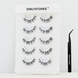 EMILYSTORES Brown Lashes Pre-Glued Self Adhesive Eyelashes, Natural Press on Lashes Reusable, With Tweezer Applicator 5 Pairs (DLP09)