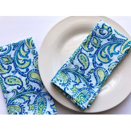 Naomi Set of 2 Paisley Print Napkins - Custom Made in Your Size - 100% Cotton Duck Canvas Fabric - Rustic Paisley Blues with Green - Hemmed - Homemade in Texas (17, Standard)