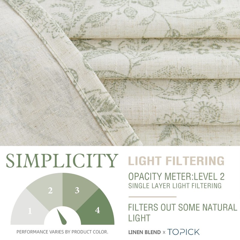 Lazzzy Floral Green on Beige Linen Kitchen Curtains, 26x36 inches,