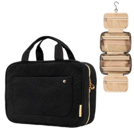 (Not Made In China) Large Toiletry Bag With Hanging Hook, Foldable Travel Case For Women, Water-Resistant Makeup and Cosmetic Travel Organizer for Full Sized Toiletries (Black, Large)