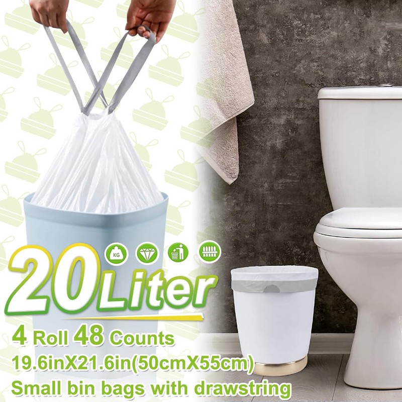 Bin Bags 20L with Drawstring Tie Handle,AOSULI White Bin Liners/Strong