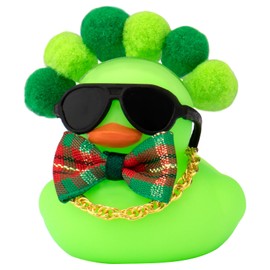 wonuu St Patrick's Day Rubber Duck, Green Lucky Rubber Ducks with Mini Plush Balls Sunglasses Necklace, Plaid Bow