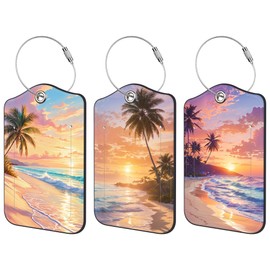 3 Pack PU Luggage Tags for Suitcase, Palm Trees Beach at Sunset Suitcase Tag Leather Privacy Cover ID Label with Stainless Steel Loop for Baggage Handbag School Bag Backpack