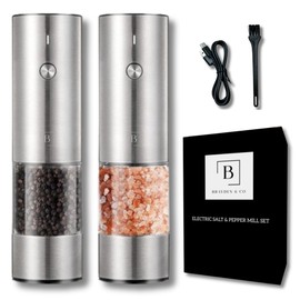 Electric Salt and Pepper Grinder Set of 2 | Automatic One Handed USB Rechargeable with 6 Adjustable Coarseness Levels | LED Light | Modern Stainless Steel | Large Capacity 75mL Mill Grinder | Kitchen
