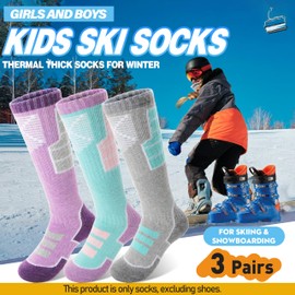 Anlisim Kids Merino Wool Ski Socks for Girls Boys Teen Thermal Winter Warm Thick Hiking Knee High Socks Stocking Stuffers for Skiing Snowboarding(Grey/Purple/Green,4-7 Years)