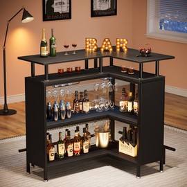 Tribesigns Home Bar Unit, L-Shaped Liquor Bar Table with Stemware Racks and 2-Tier Shelves, Corner Mini Bar Cabinet Coffee Bar Table with Footrest for Home/Kitchen/Bar, Rustic Brown