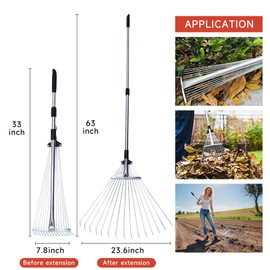 VerdeEver Adjustable Garden Metal Rake -32 to 63 Inch ,Hand Weed Collapsible Camping Landscape Dethatcher Rake for Leaves Shrub Yard Lawns,Leveling Yard Tool,Black