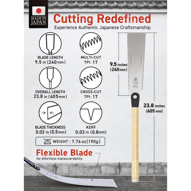 HIBINO Japanese Pull Saw 9.5” Ryoba | Multi-Cut & Cross-Cut