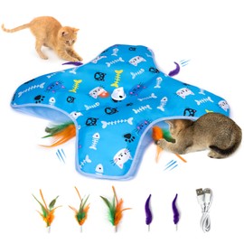 Interactive Cat Toy - Automatic Cat Toys Rechargeable for Indoor - Hide&Seek Cats Toy with 5 Moving Concealed Feathers - Touch Kitten Toy Exercise - Enrichment Toys Bored Cats(Blue) - 3 Speed Adjust