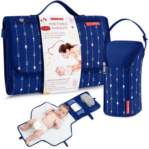 Portable Diaper Changing Pad Waterproof – B0NUS Insulated Baby Bottle Bag, 2-in-1 Diaper Clutch and Changing Mat, Wipe Clean Portable Changing Pad with Built-in Head Cushion (Blue)