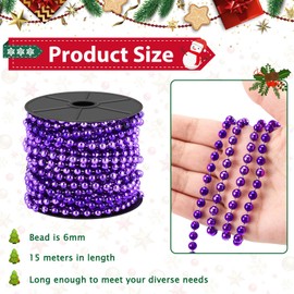 Chuangdi 1 Roll/ 15m Christmas Bead Chain 6mm Christmas Bead Garlands Christmas Tree Decoration Plastic Beads Garland for Xmas Tree, Stairs, Wedding, Costume, DIY Party Supplies (Purple)