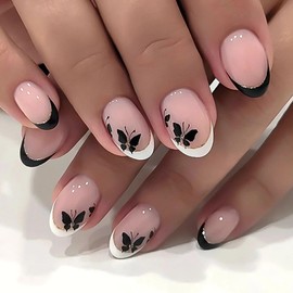 Oval Press on Nails Short Fake Nails Black White French Tip Nails Press ons Glossy Glue on Nails Nude Acrylic Nails with Butterfly Designs Fall False Nails Artificial Stick on Nails for Women 24Pcs