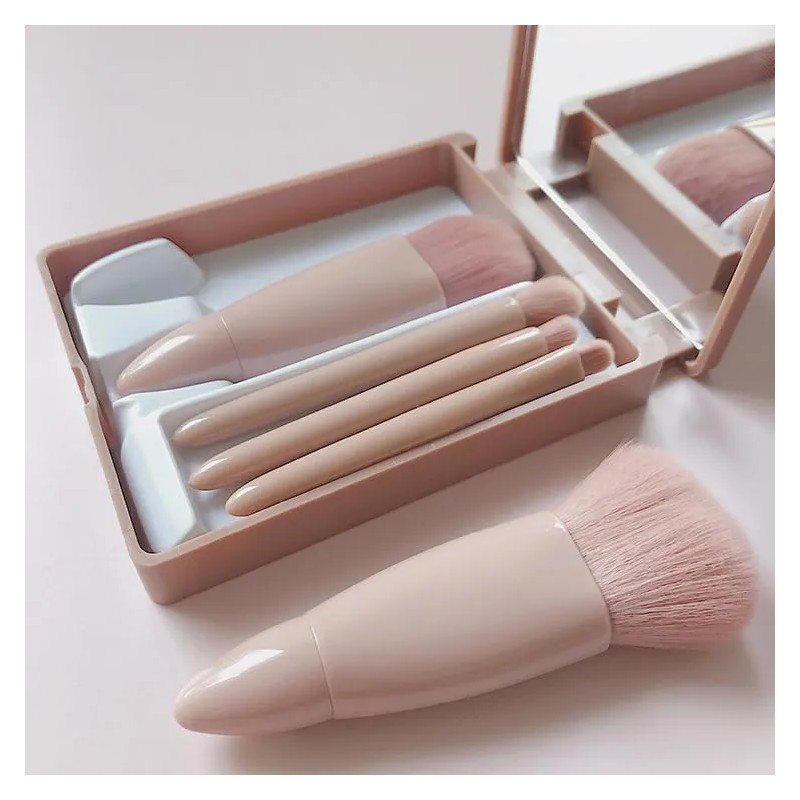 Set 5 Brochas De Maquillaje Portátil Con Estuche Y Espejo