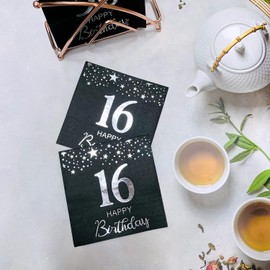 CHANGCAO50Pieces Blackand silver16th Birthday Celebration Party Decorative Napkin 16th Birthday Decorative Men's and Women's Party Supplies Cocktail Napkins in a black