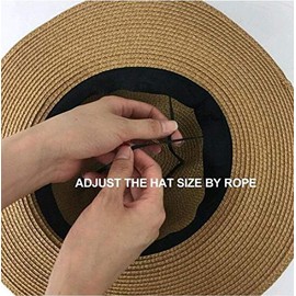 DRESHOW Women Straw Panama Fedora Beach Sun Hat - Wide Brim Straw Roll Up Hat UPF 50+