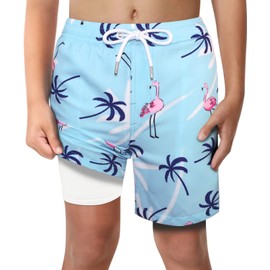 LUCOWEE Traje de baño para niños con forro calzones de compresión antirozaduras, pantalones cortos de natación elásticos UPF de secado rápido, Palmtree Flamingo, Large
