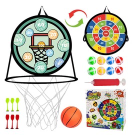 Velcro Dartboard Children with Basketball Hoop, 2-in-1 Dartboard Throwing Game and Basketball Games, Double-Sided Mini Basketball Hoops & Dart Game, Outdoor Indoor Toy, Christmas Gift (Green)