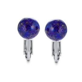 Gemstone Blue Lapis Lazuli Round Ball Stud Clip On Earrings For Women Non Piercing .925 Sterling Silver
