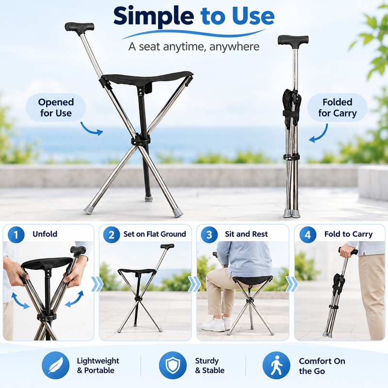 Folding Cane Seat for Outdoor Walking – Lightweight Walking Stick