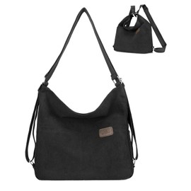 RUNSOON Corduroy Tote Bag Convertible Backpack Purse for Women Versatile Hobo Bags Shoulder Handbags for College Work Travel, Black