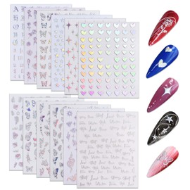 WOKOTO 12 Sheets Holographic Nail Stickers for Nails Designs Nail Decals Butterfly Nail Stickers for Women Heart Star Rose Flower Snake Aurora Iridescent Nails Stickers for Nails Fingernail Stickers