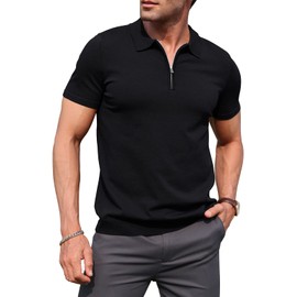 RQP Mens Zipper Polo Shirts Knit Wrinkle Free Casual Shirts Short/Long Sleeve,Stretch Fit Golf Shirts,Soft Pullove，Black L